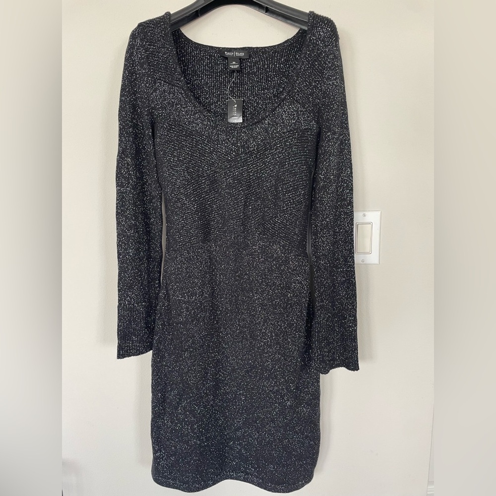 NWT White House Black Market Black Sparkle Knit Long Sleeve Pencil Dress XS